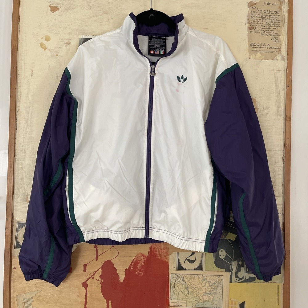 VTG Adidas Nylon Windbreaker‎ Mens Medium White Blue sleeve green trim